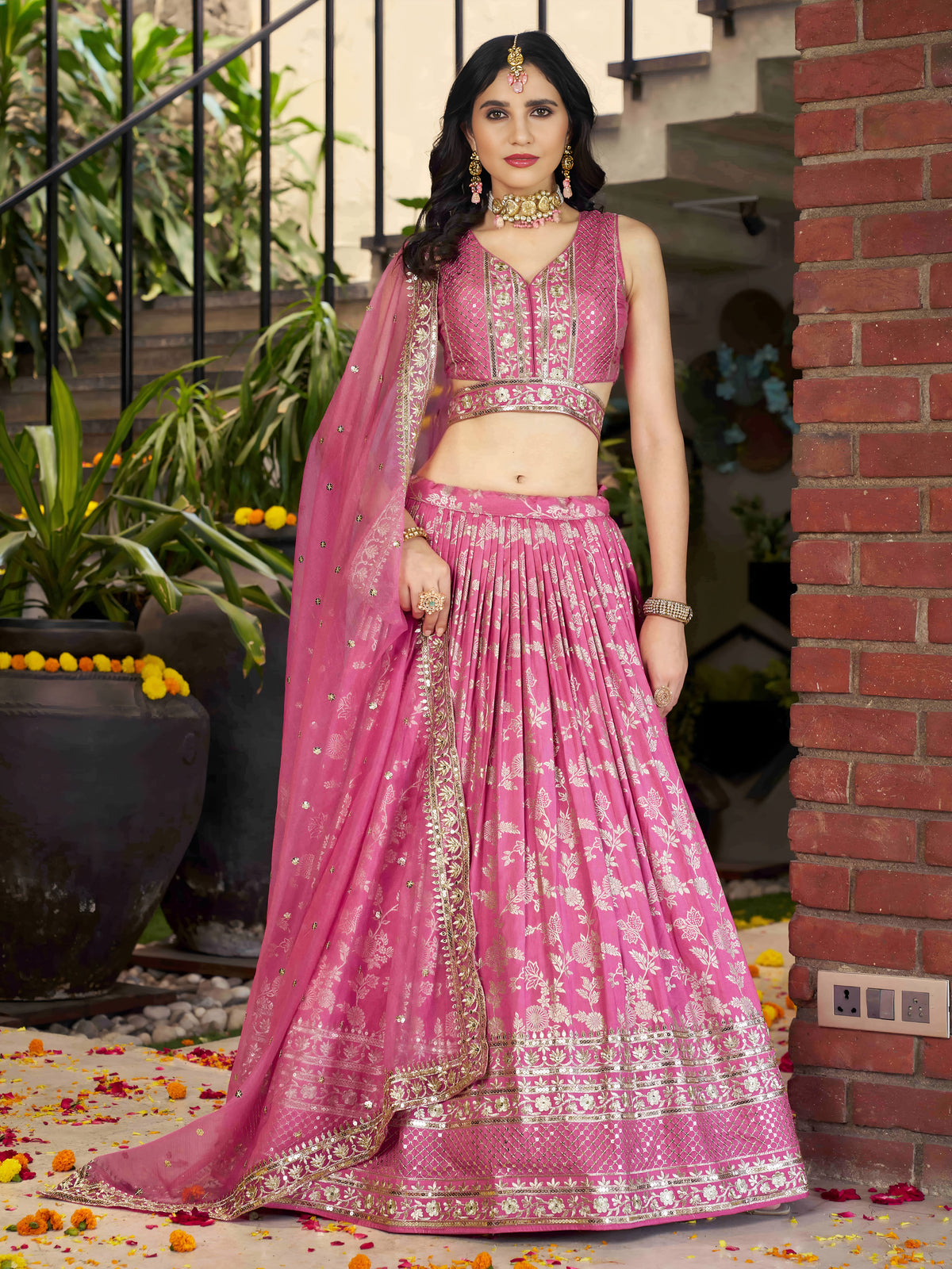 Pink Floral Embroidered Bridal Lehenga Choli with Dupatta