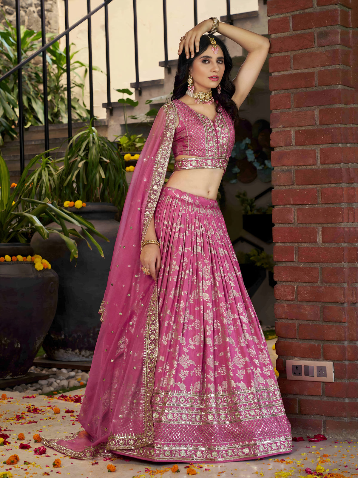 Pink Floral Embroidered Bridal Lehenga Choli with Dupatta