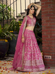 Pink Floral Embroidered Bridal Lehenga Choli with Dupatta