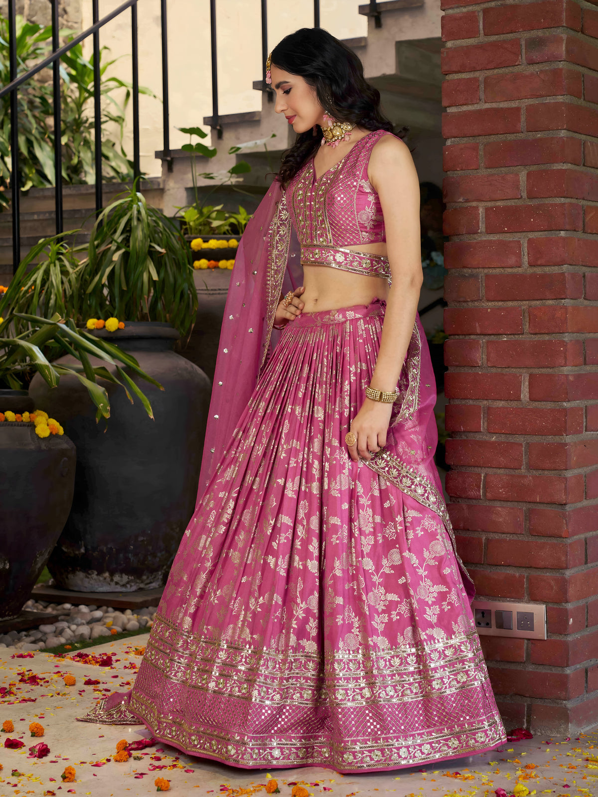 Pink Floral Embroidered Bridal Lehenga Choli with Dupatta
