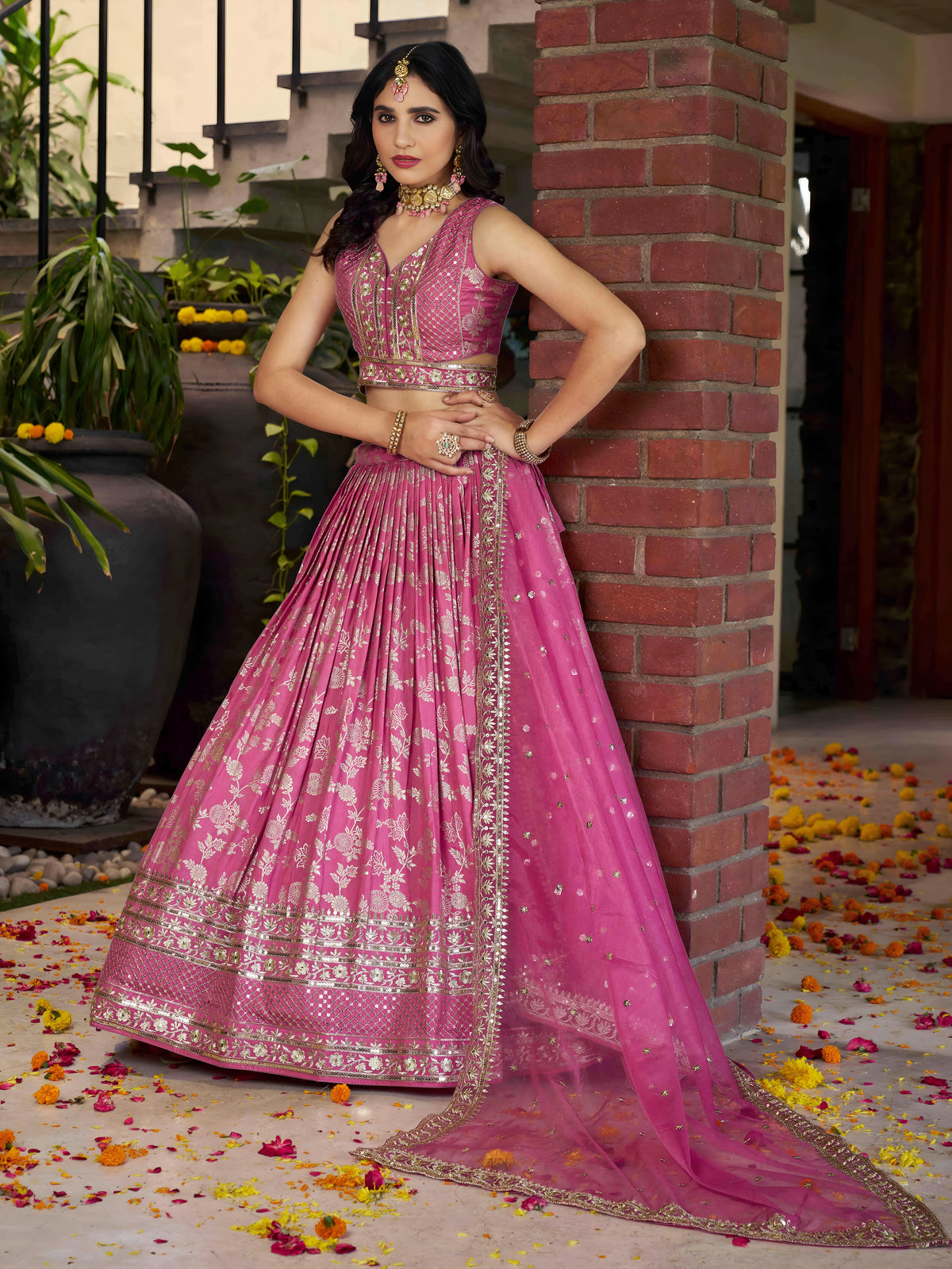 Pink Floral Embroidered Bridal Lehenga Choli with Dupatta