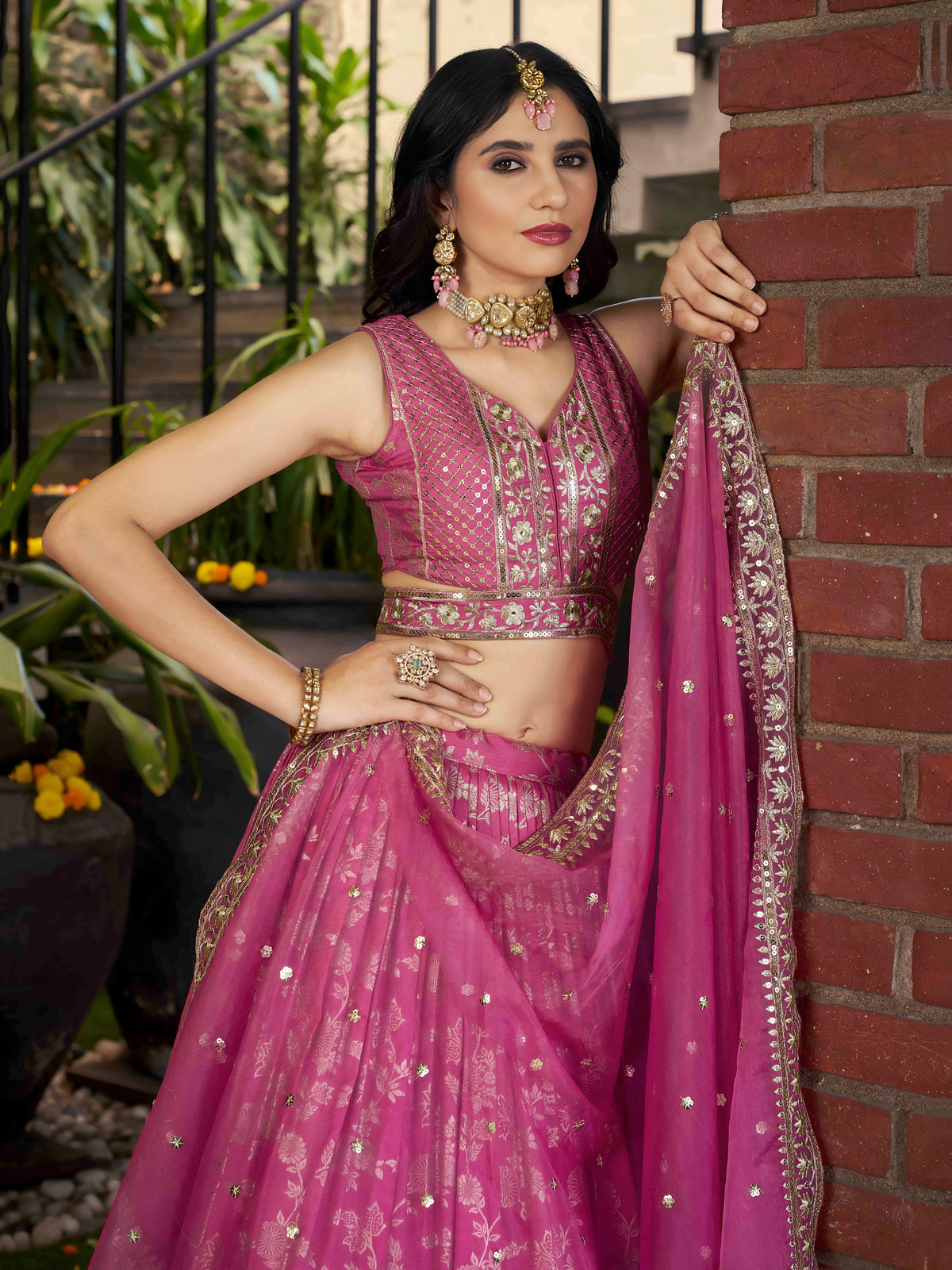 Pink Floral Embroidered Bridal Lehenga Choli with Dupatta