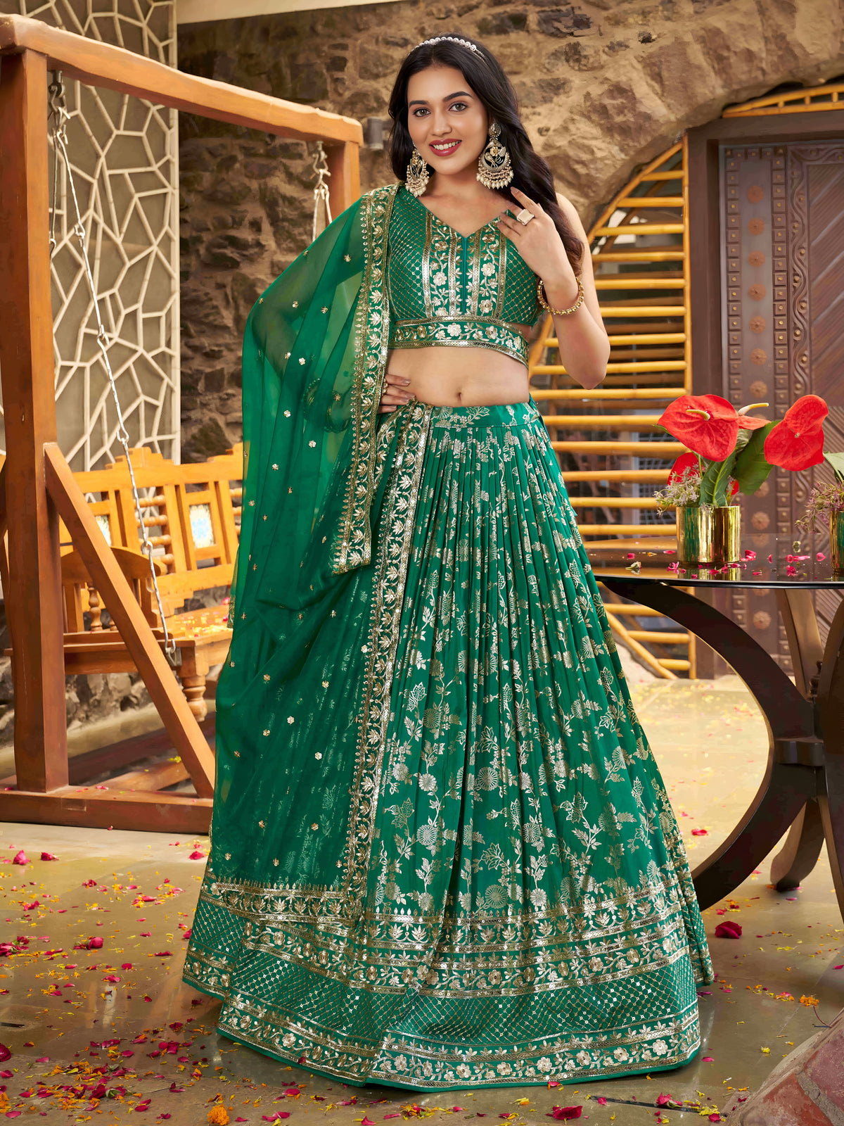 Rama Green Floral Embroidered Bridal Lehenga Choli with Dupatta