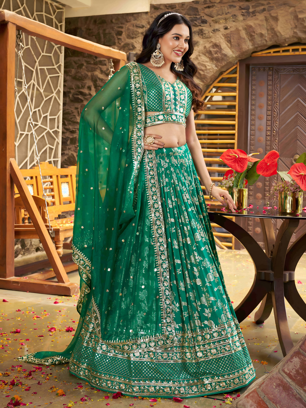 Rama Green Floral Embroidered Bridal Lehenga Choli with Dupatta