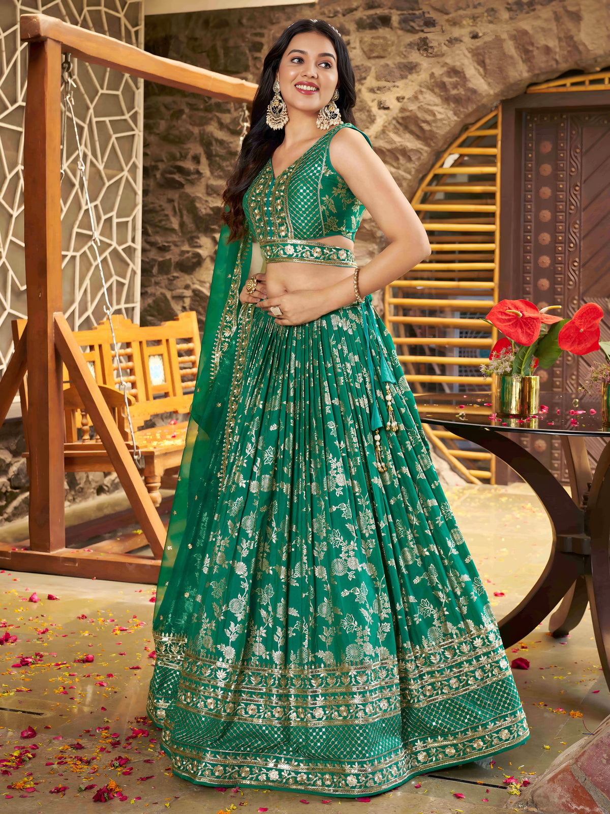 Rama Green Floral Embroidered Bridal Lehenga Choli with Dupatta