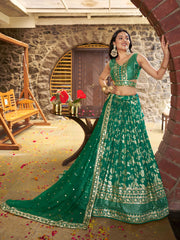 Rama Green Floral Embroidered Bridal Lehenga Choli with Dupatta