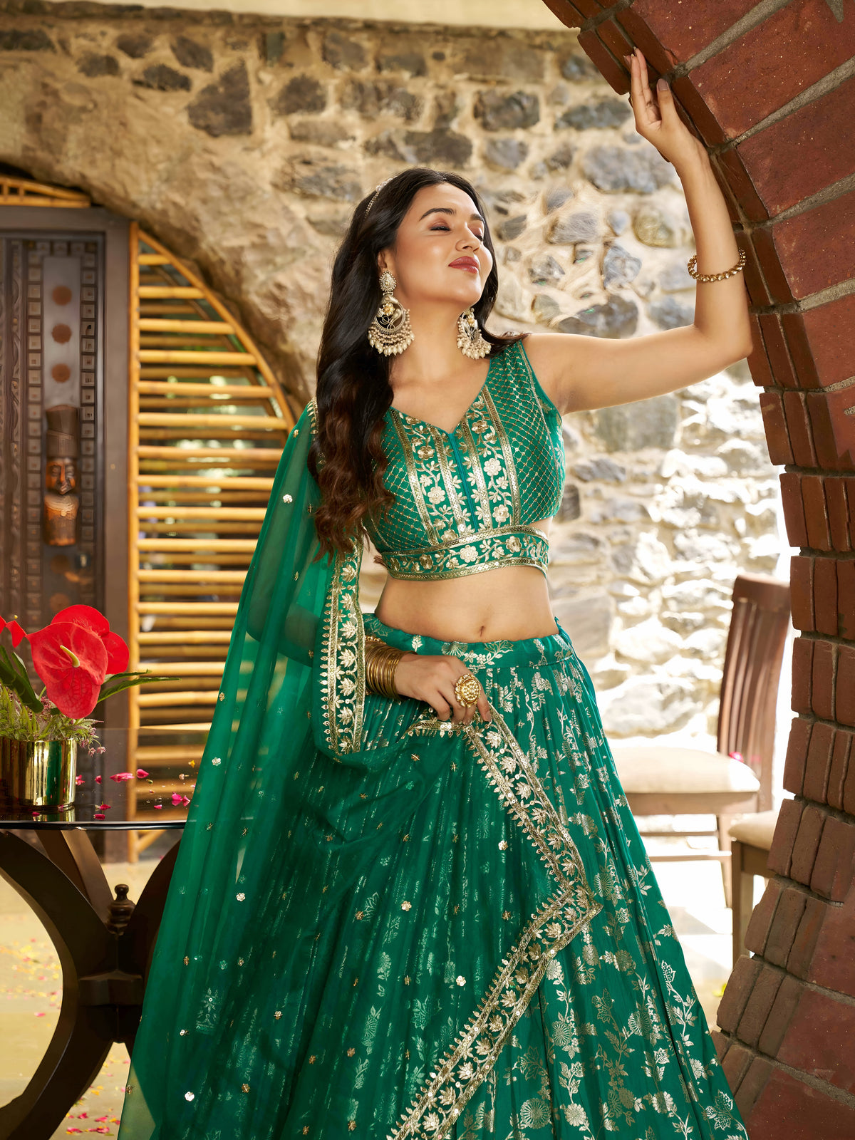 Rama Green Floral Embroidered Bridal Lehenga Choli with Dupatta