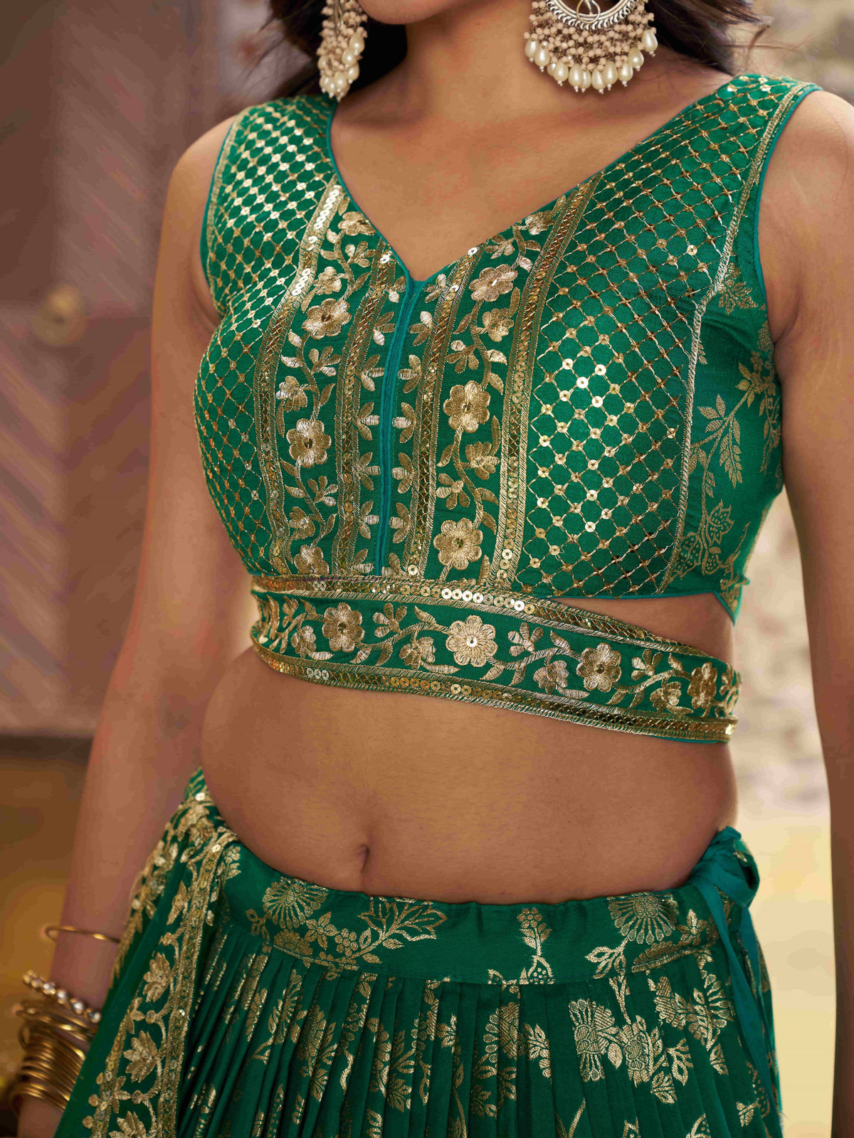 Rama Green Floral Embroidered Bridal Lehenga Choli with Dupatta