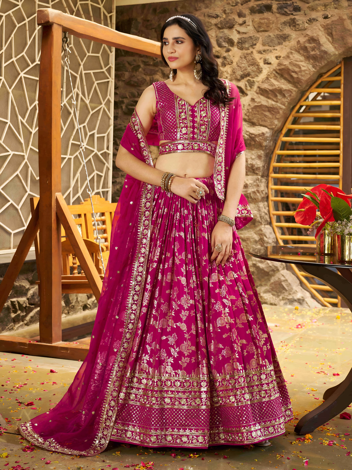 Rani Pink Floral Embroidered Bridal Lehenga Choli with Dupatta