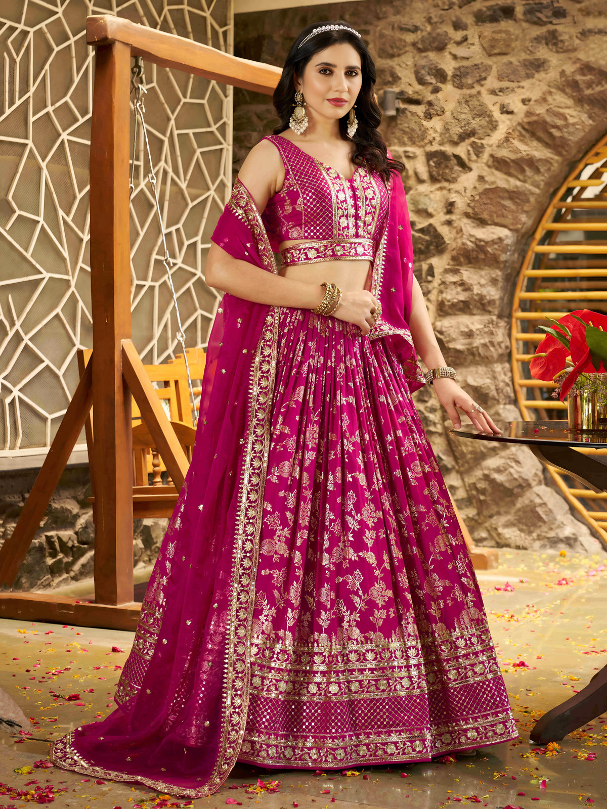 Rani Pink Floral Embroidered Bridal Lehenga Choli with Dupatta