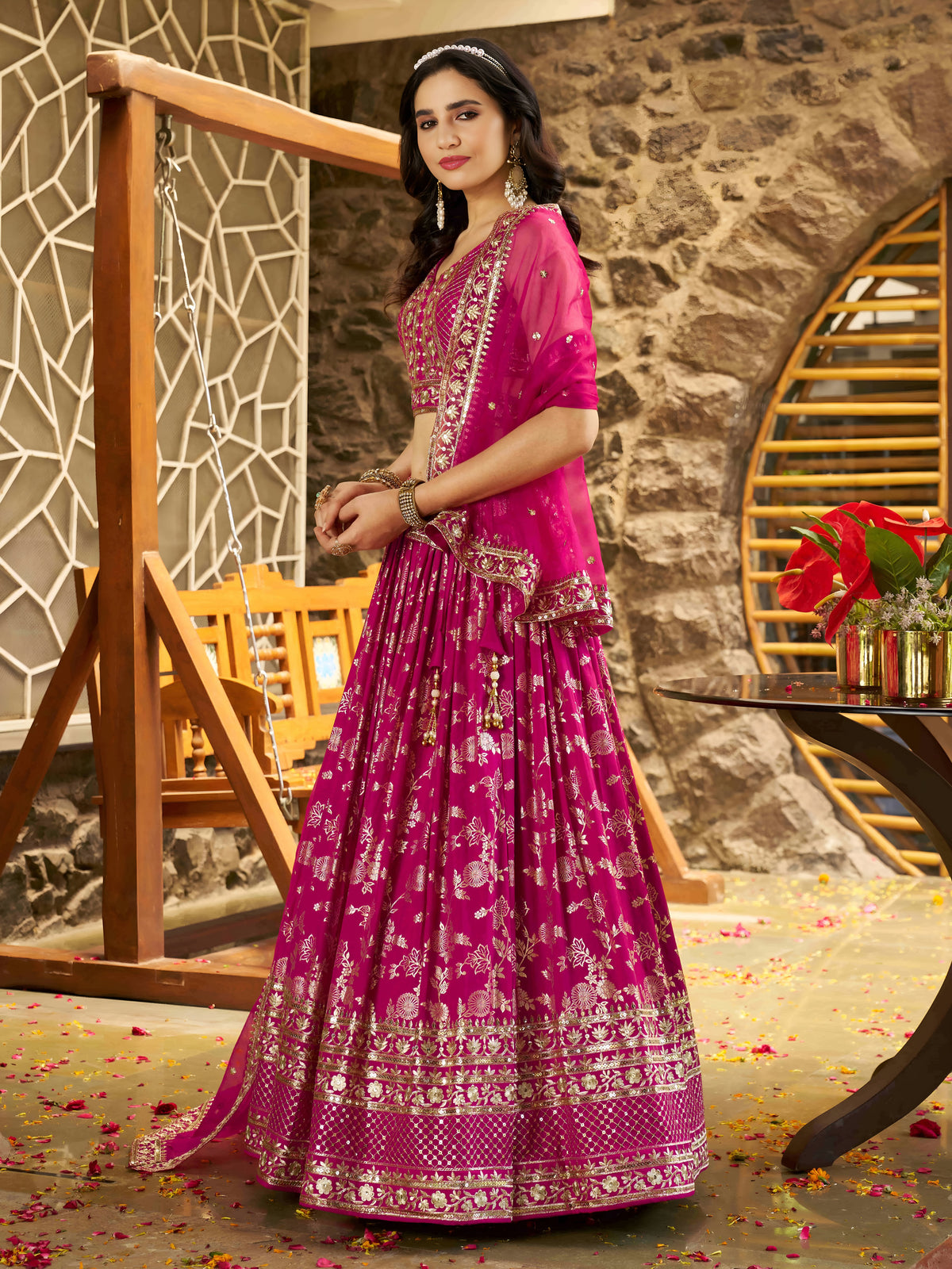 Rani Pink Floral Embroidered Bridal Lehenga Choli with Dupatta