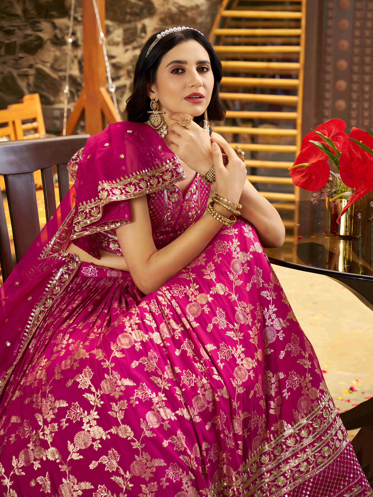 Rani Pink Floral Embroidered Bridal Lehenga Choli with Dupatta
