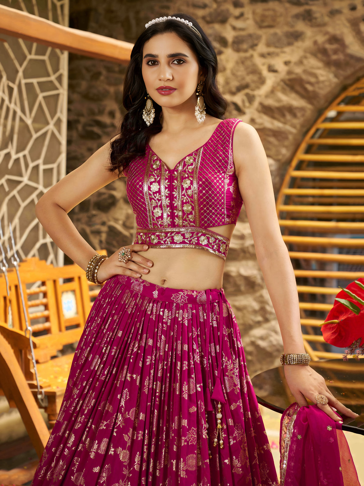 Rani Pink Floral Embroidered Bridal Lehenga Choli with Dupatta