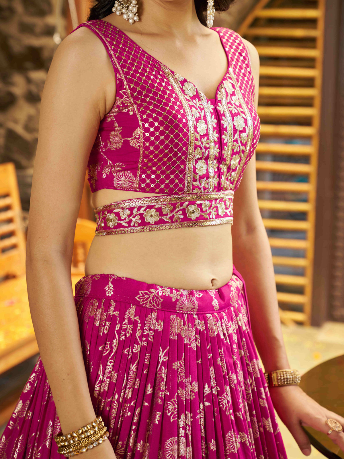 Rani Pink Floral Embroidered Bridal Lehenga Choli with Dupatta