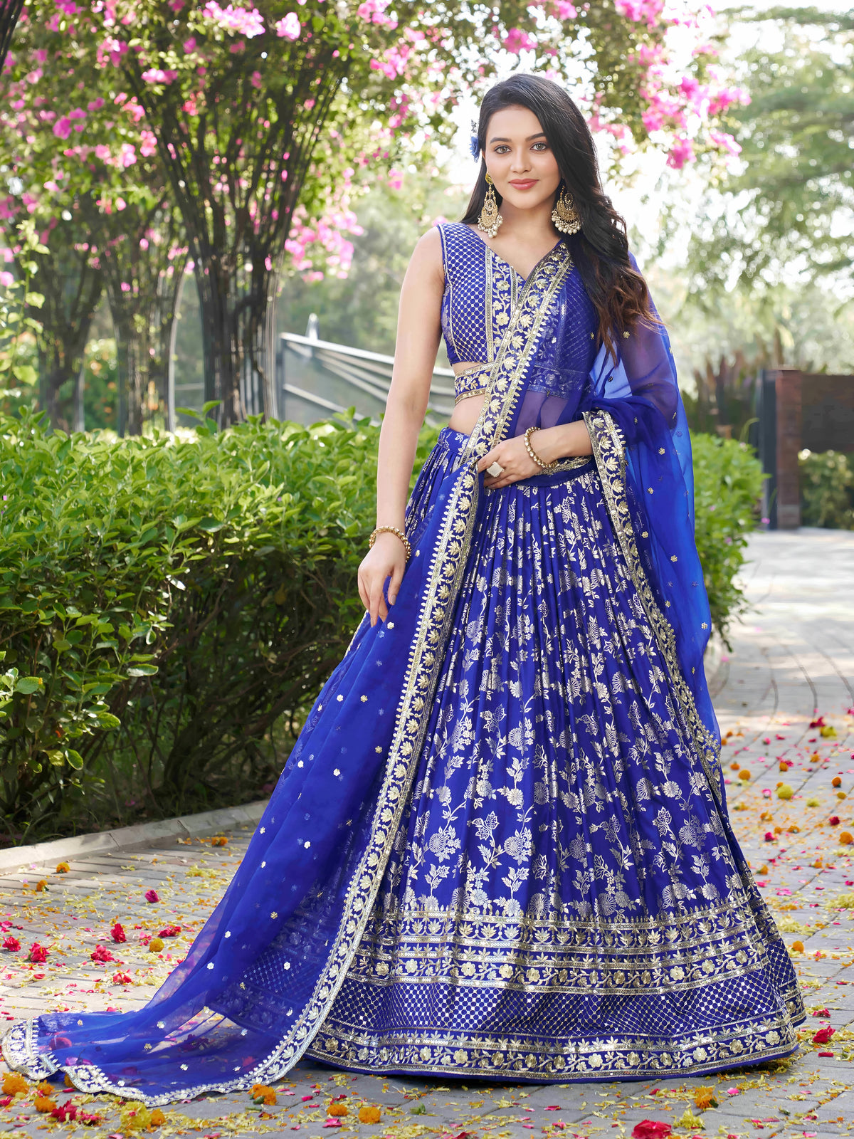 Royal Blue Floral Embroidered Bridal Lehenga Choli with Dupatta