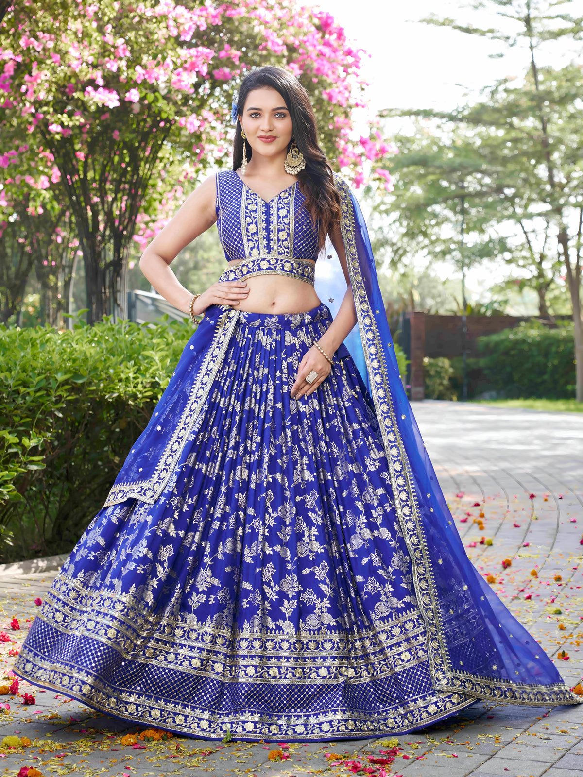 Royal Blue Floral Embroidered Bridal Lehenga Choli with Dupatta