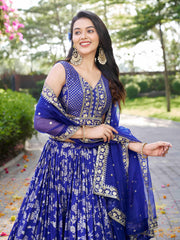 Royal Blue Floral Embroidered Bridal Lehenga Choli with Dupatta