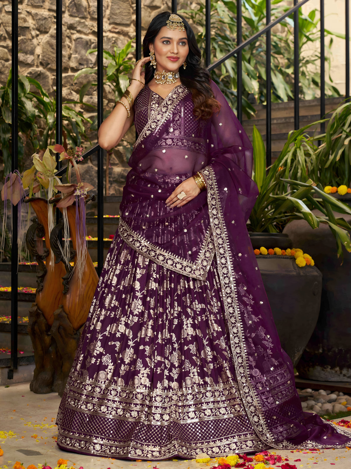 Wine Purple Floral Embroidered Bridal Lehenga Choli with Dupatta
