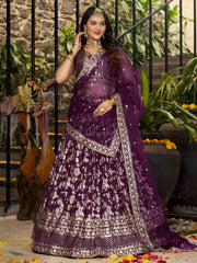 Wine Purple Floral Embroidered Bridal Lehenga Choli with Dupatta