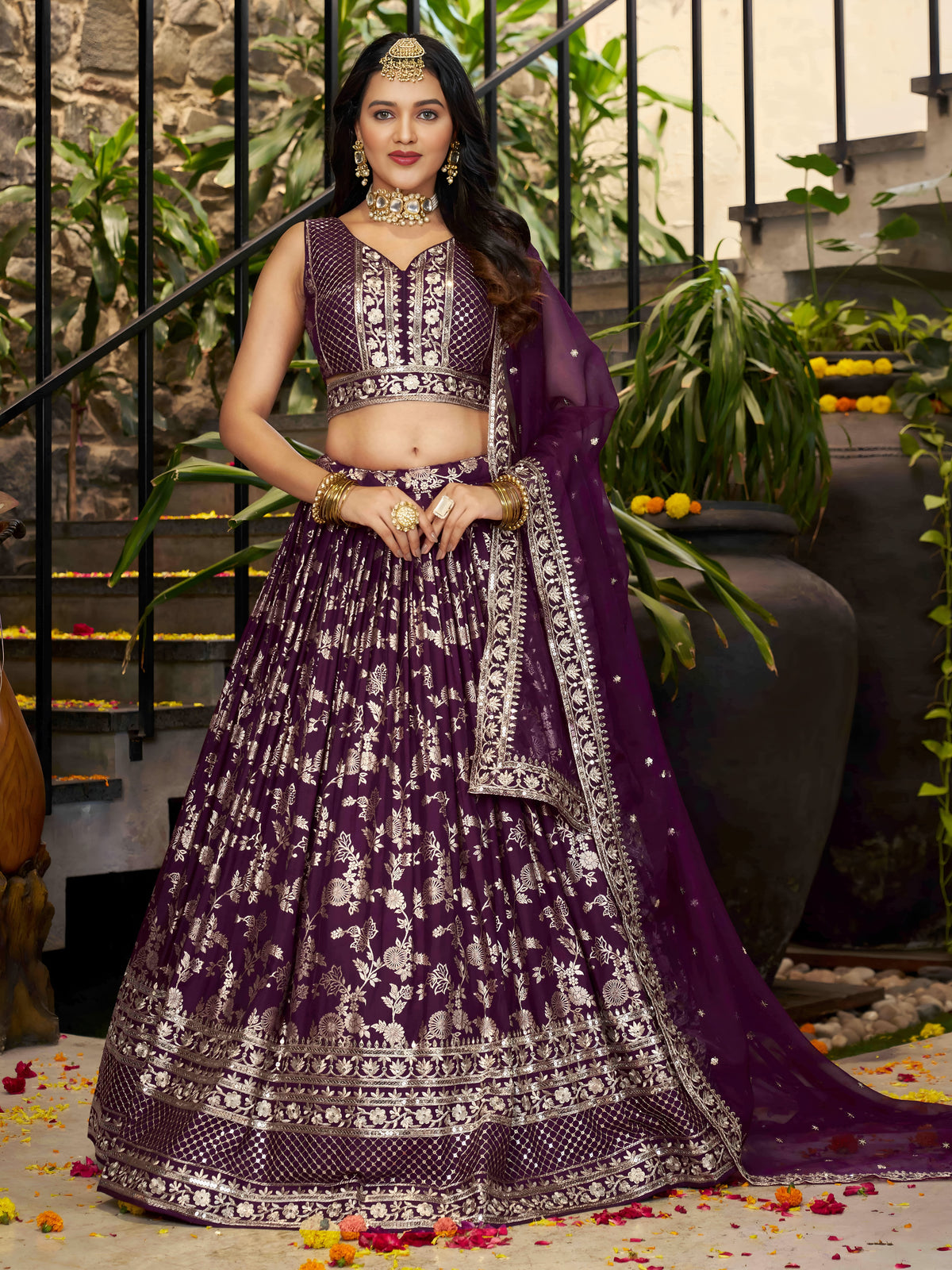 Wine Purple Floral Embroidered Bridal Lehenga Choli with Dupatta