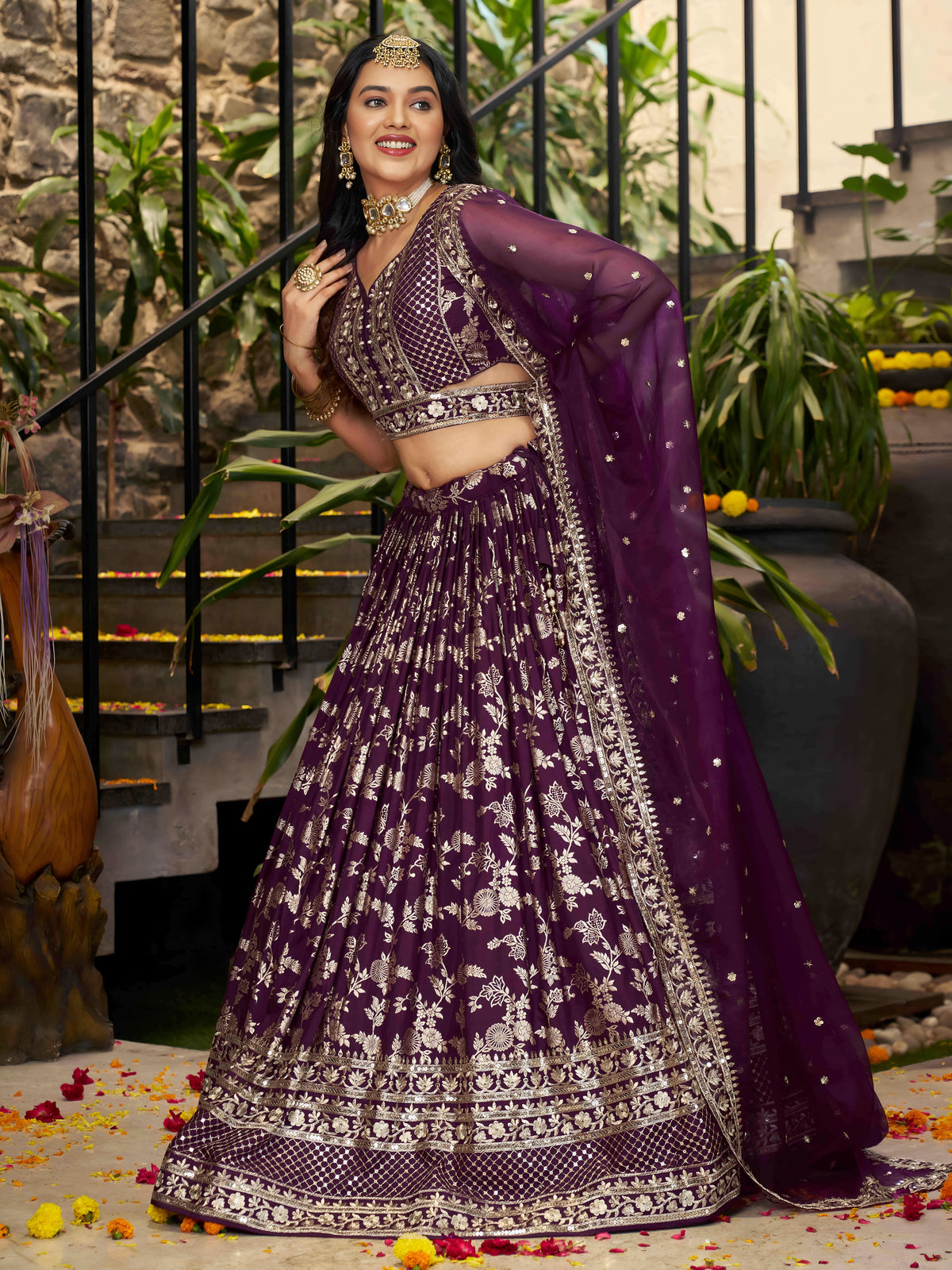 Wine Purple Floral Embroidered Bridal Lehenga Choli with Dupatta