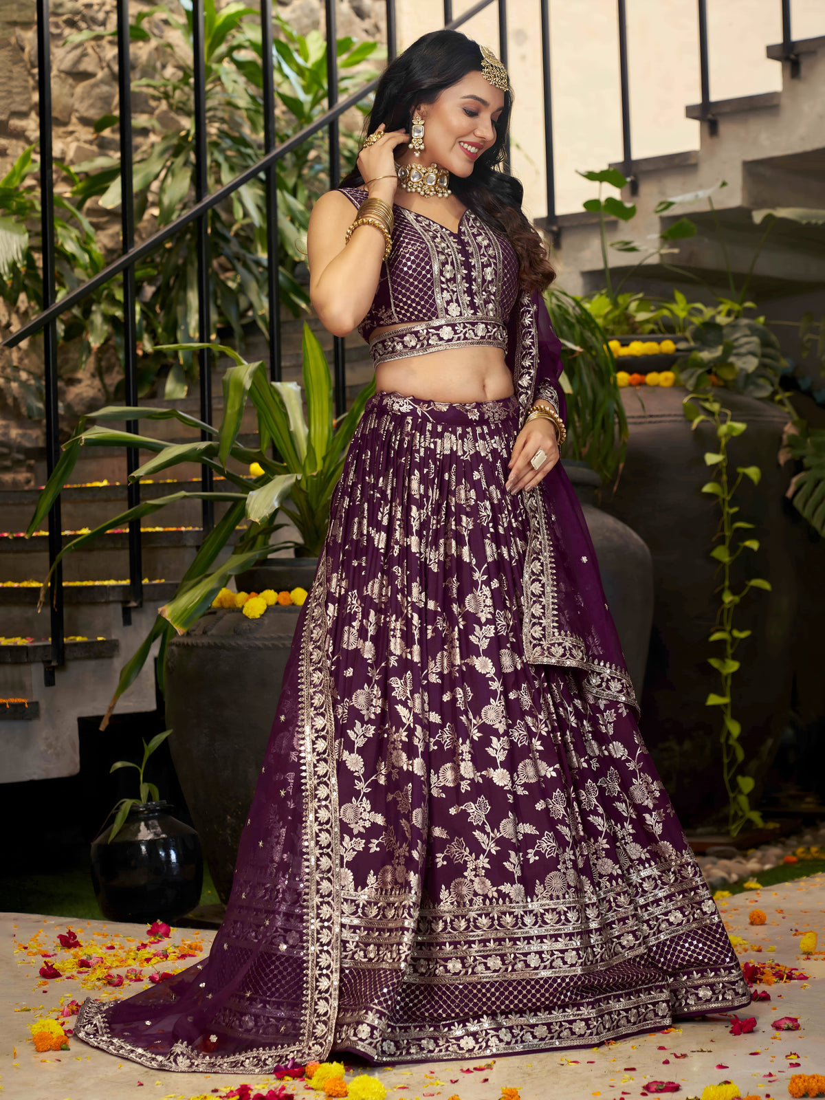 Wine Purple Floral Embroidered Bridal Lehenga Choli with Dupatta
