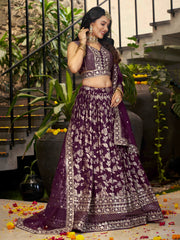 Wine Purple Floral Embroidered Bridal Lehenga Choli with Dupatta