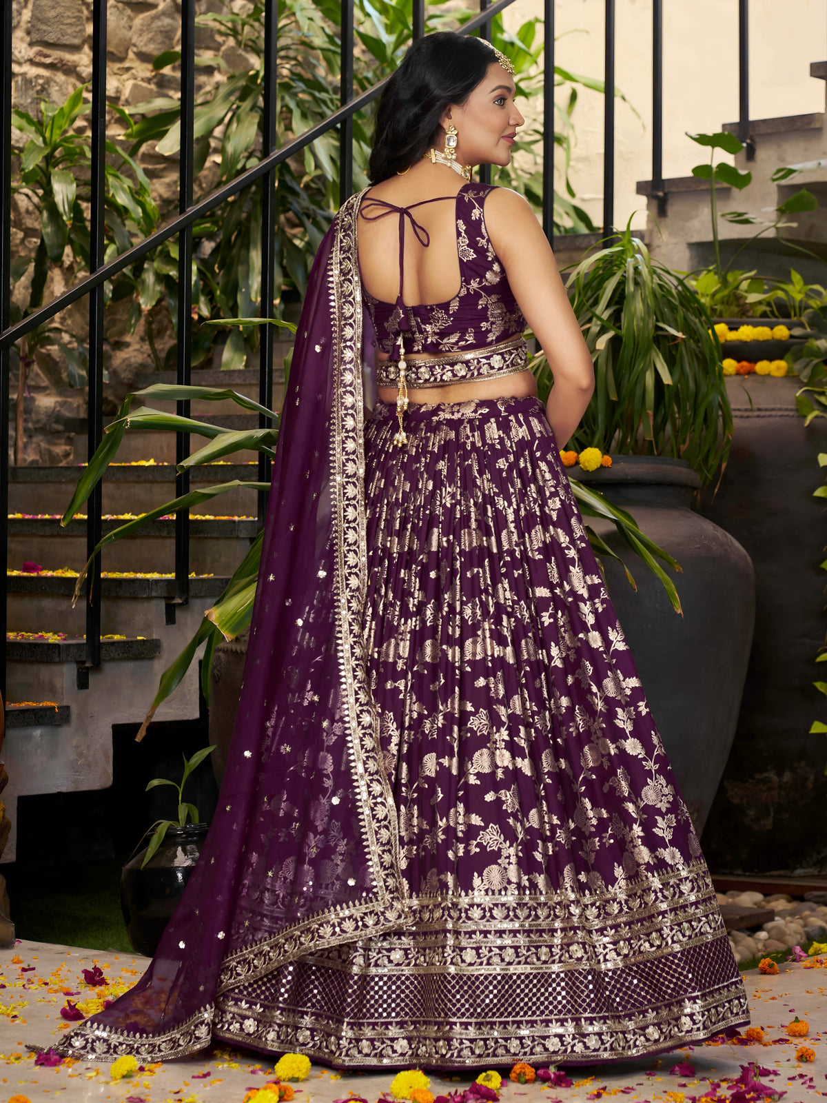 Wine Purple Floral Embroidered Bridal Lehenga Choli with Dupatta