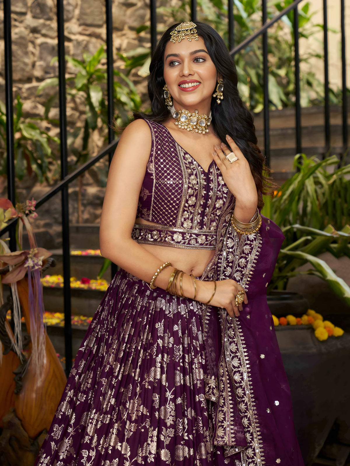 Wine Purple Floral Embroidered Bridal Lehenga Choli with Dupatta