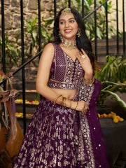 Wine Purple Floral Embroidered Bridal Lehenga Choli with Dupatta