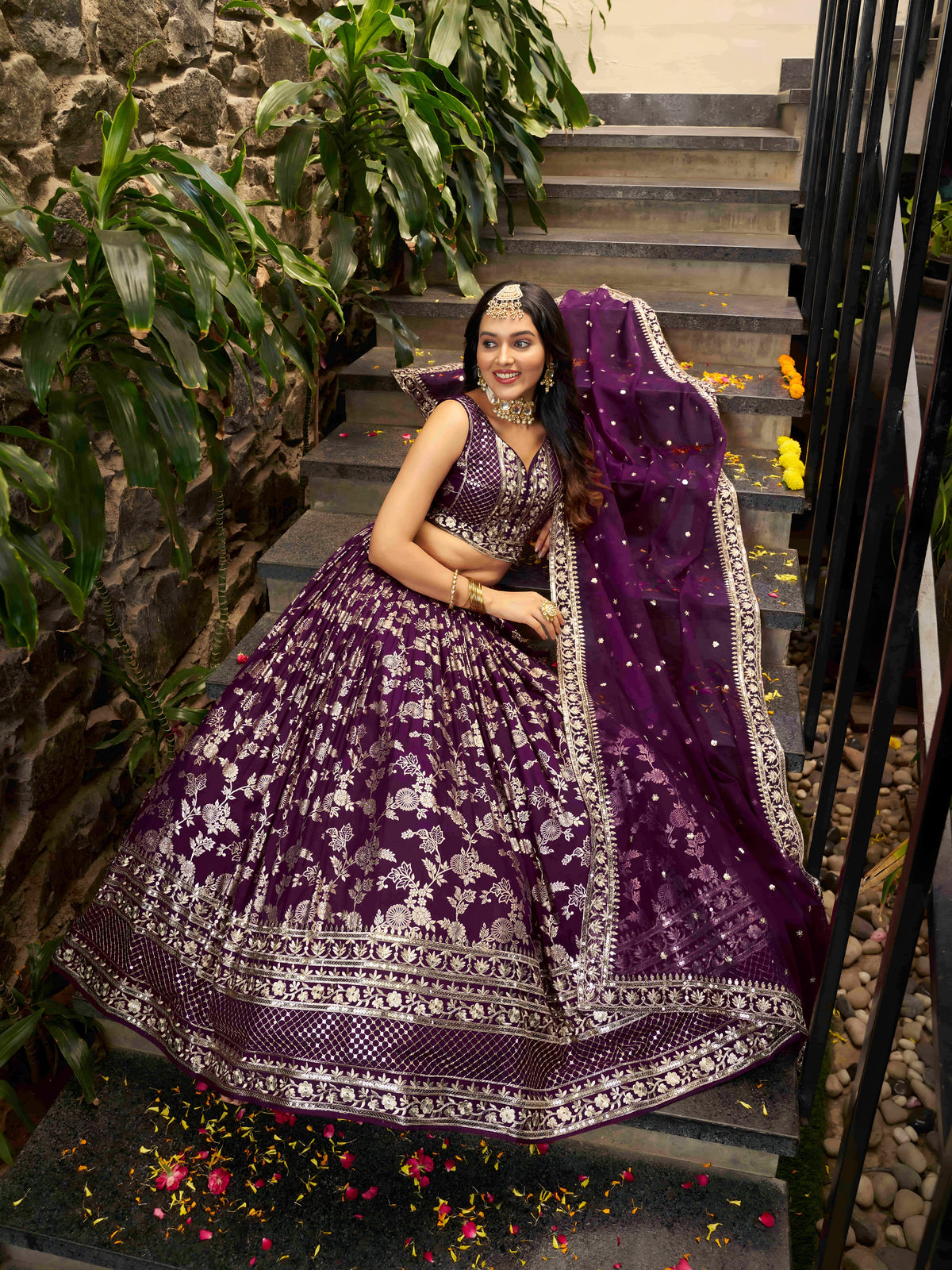 Wine Purple Floral Embroidered Bridal Lehenga Choli with Dupatta