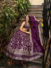 Wine Purple Floral Embroidered Bridal Lehenga Choli with Dupatta