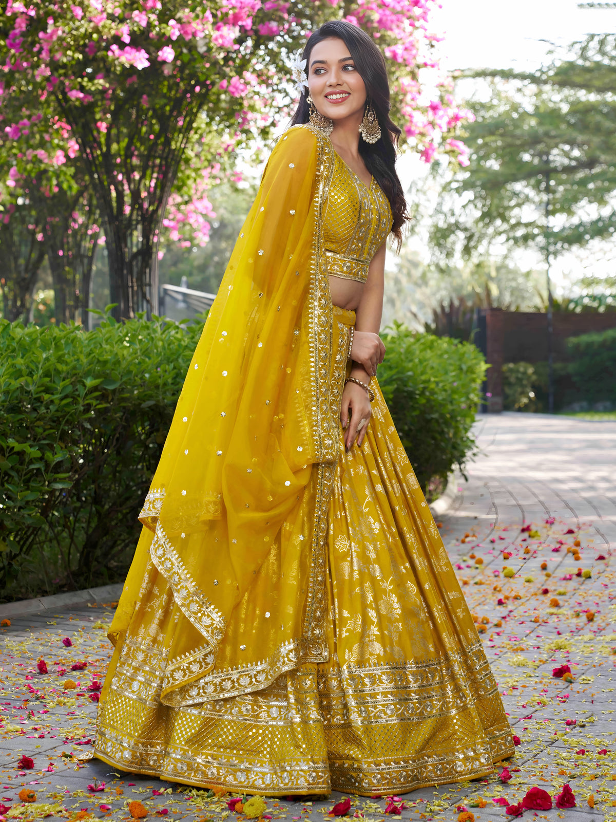 Mustard Yellow Floral Embroidered Bridal Lehenga Choli with Dupatta