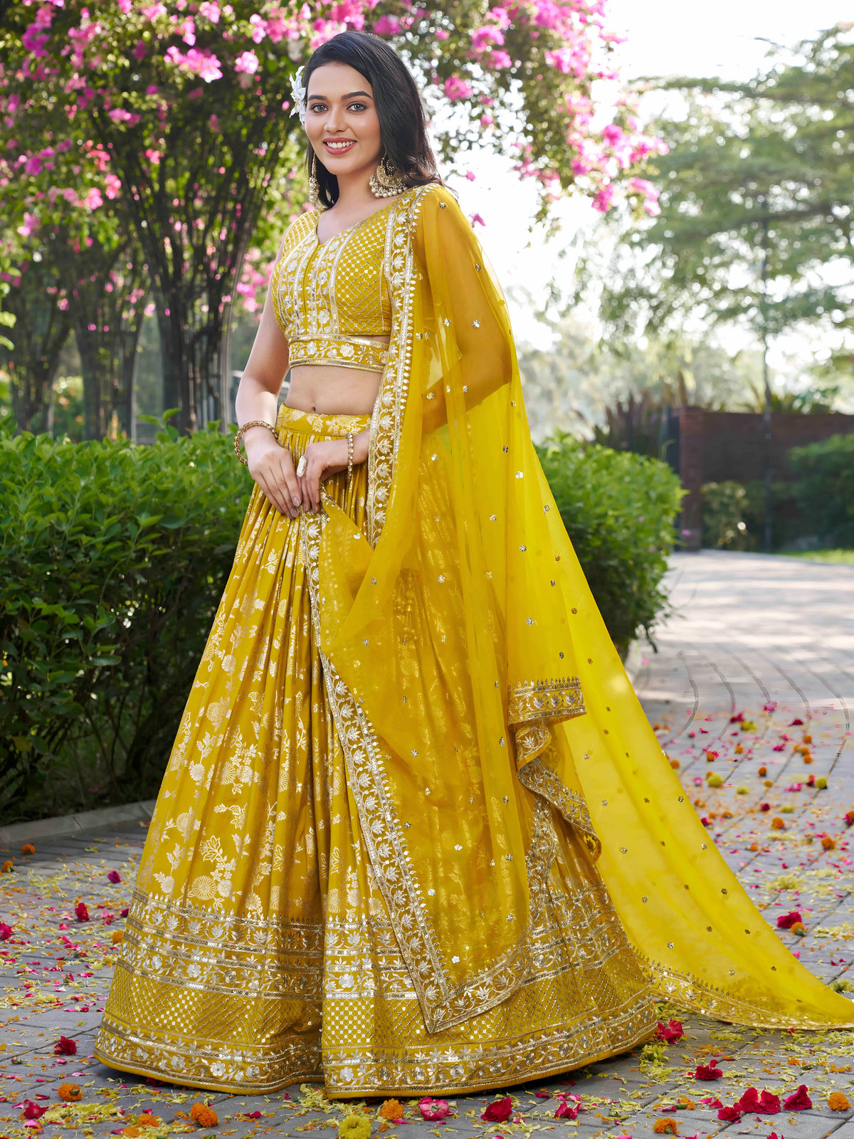Mustard Yellow Floral Embroidered Bridal Lehenga Choli with Dupatta