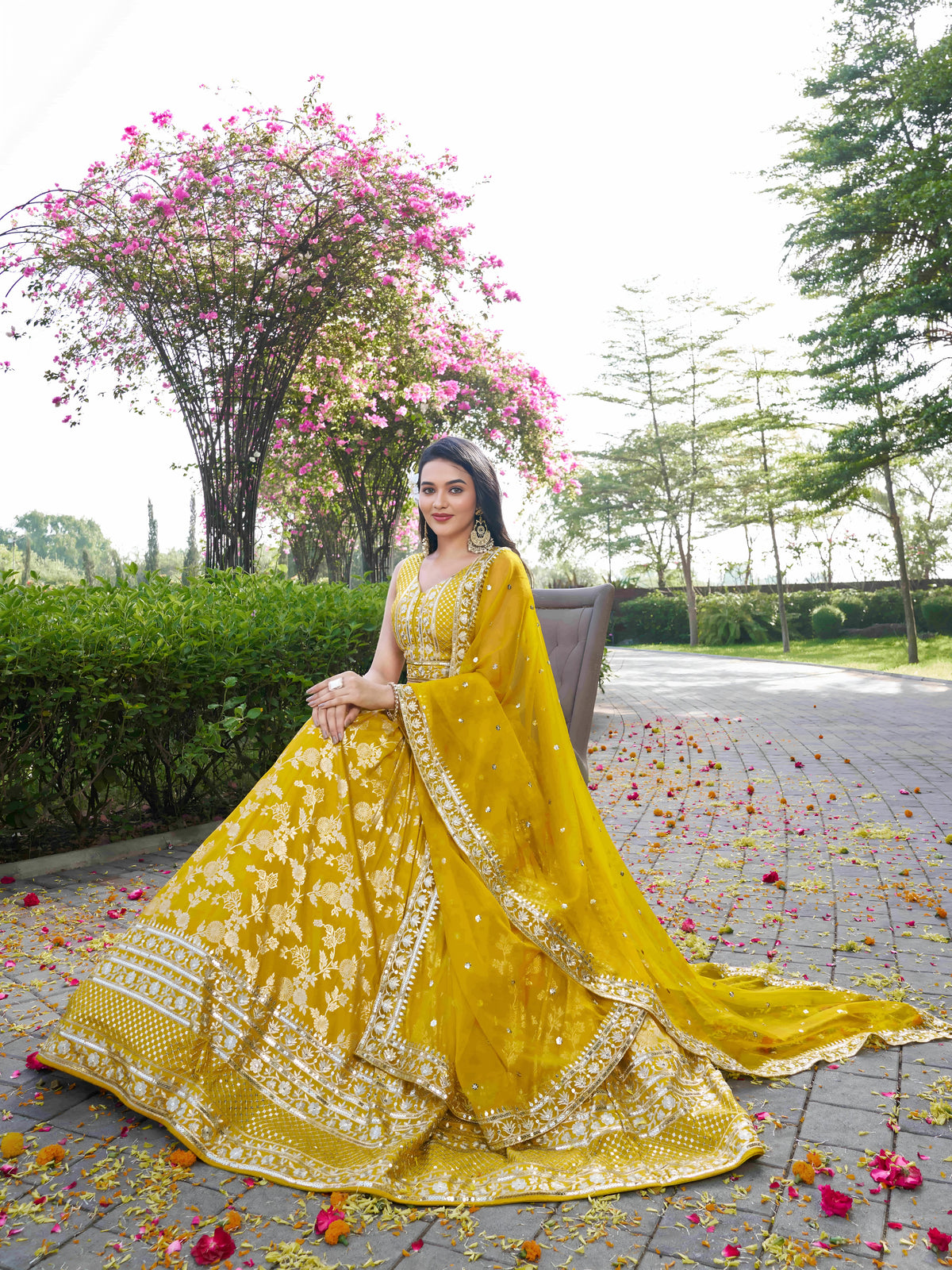 Mustard Yellow Floral Embroidered Bridal Lehenga Choli with Dupatta