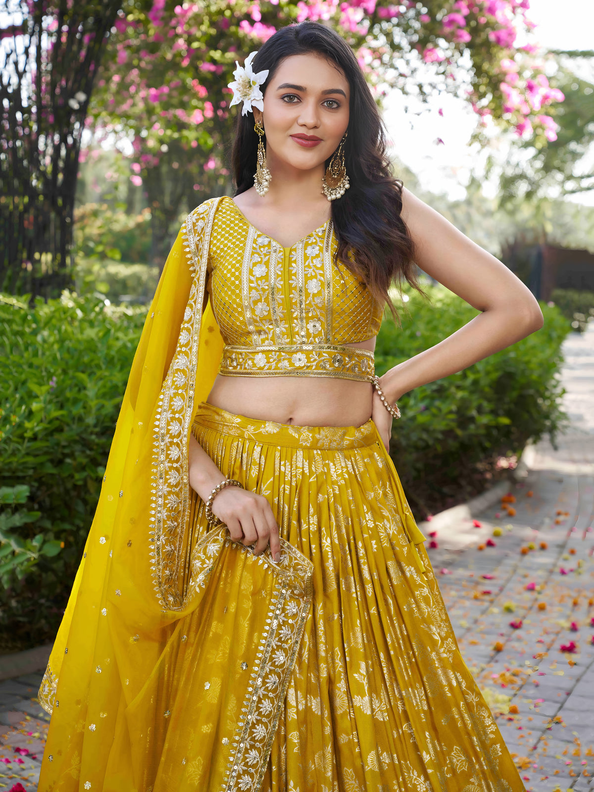 Mustard Yellow Floral Embroidered Bridal Lehenga Choli with Dupatta