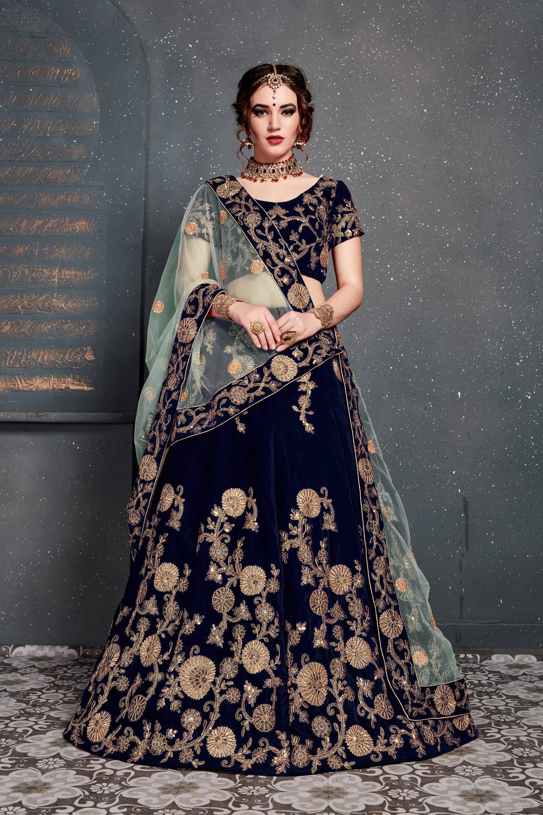Navy Blue and Gold Floral Embroidered Bridal Lehenga Choli with Dupatta