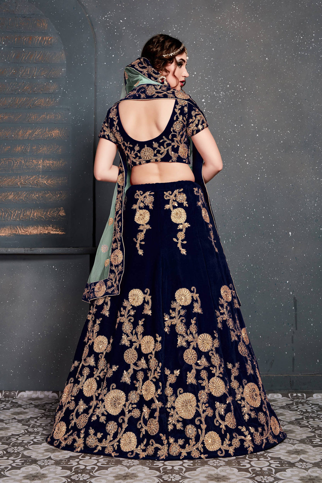 Navy Blue and Gold Floral Embroidered Bridal Lehenga Choli with Dupatta