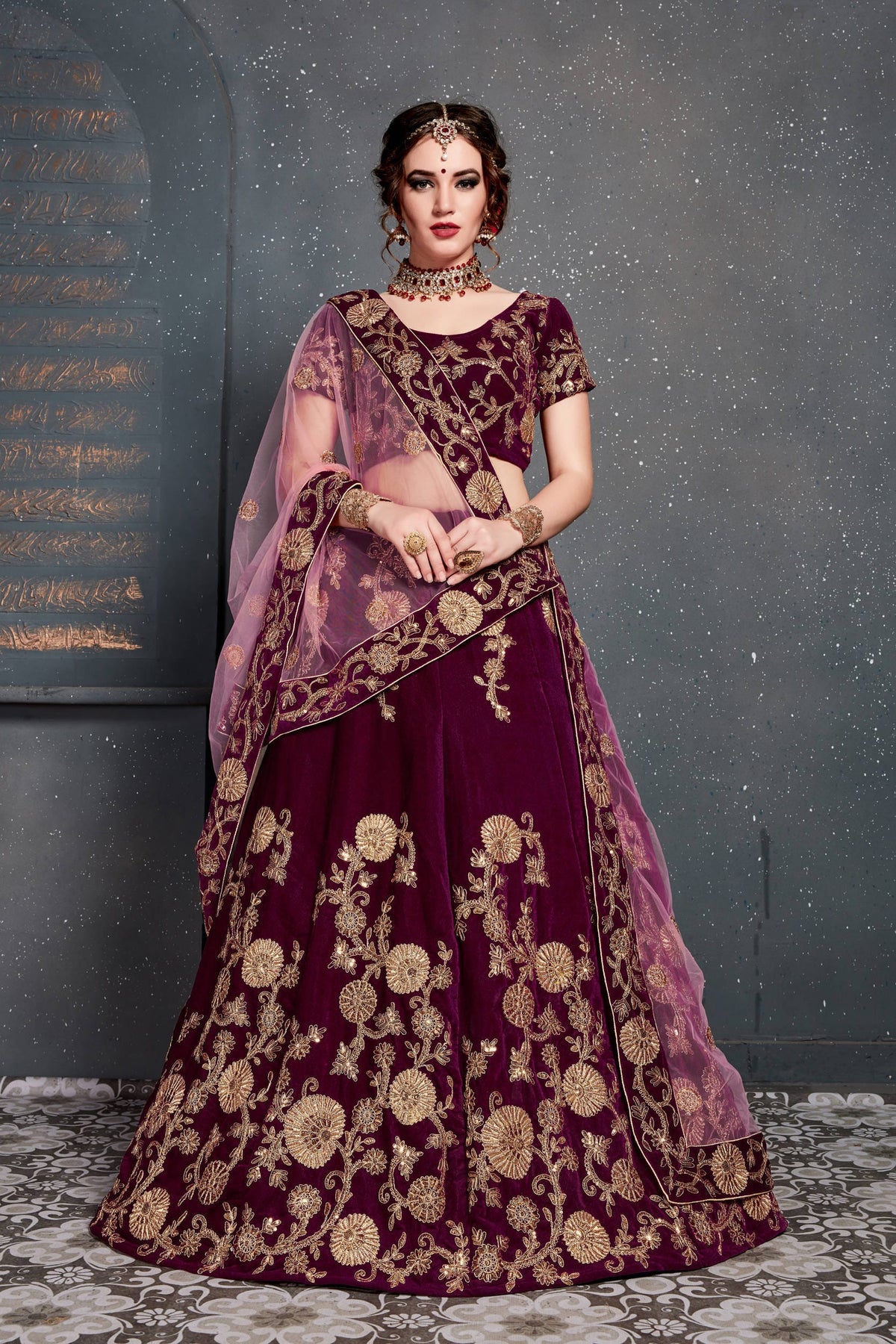 Wine Maroon and Gold Floral Embroidered Bridal Lehenga Choli with Dupatta
