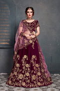 Wine Maroon and Gold Floral Embroidered Bridal Lehenga Choli with Dupatta