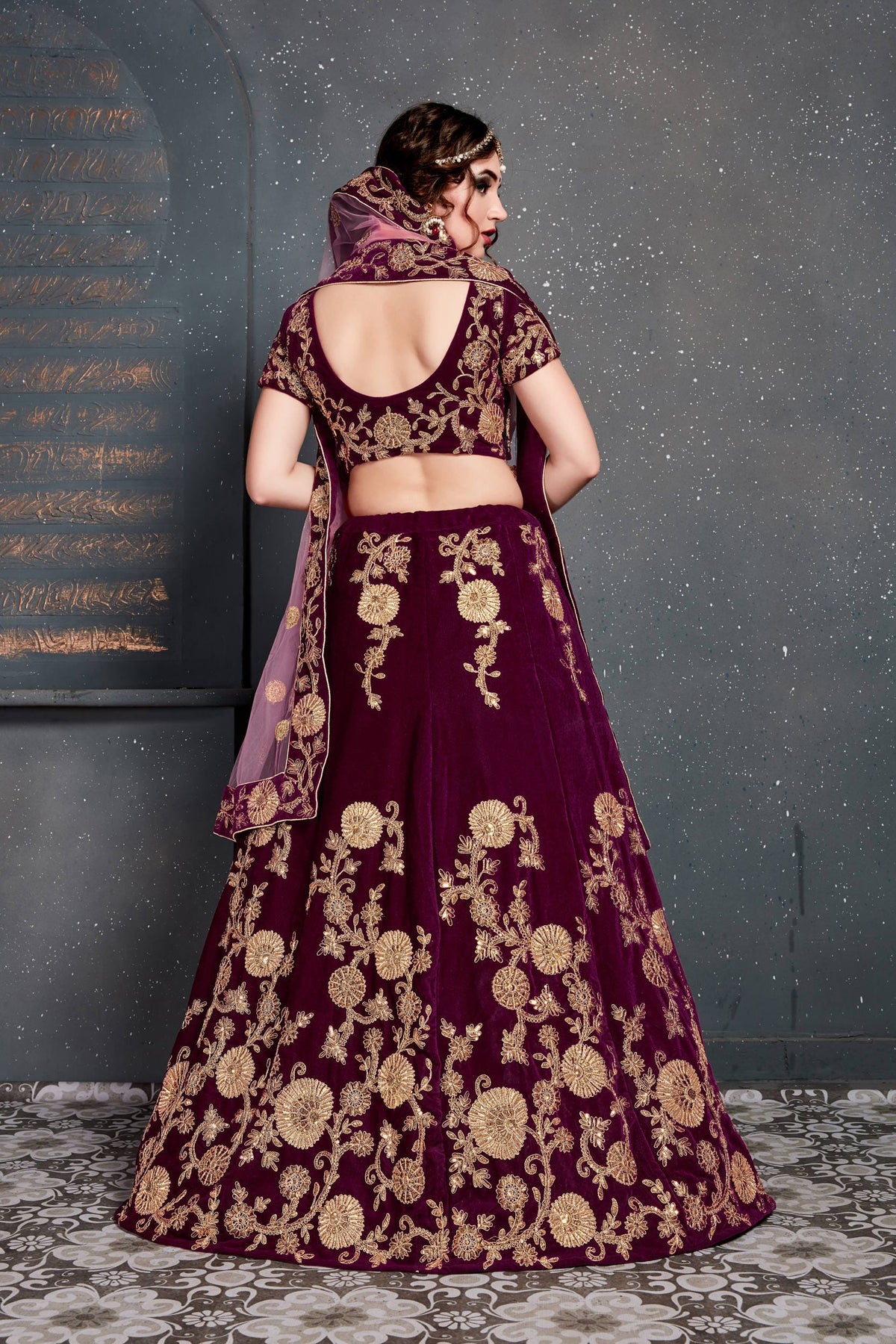Wine Maroon and Gold Floral Embroidered Bridal Lehenga Choli with Dupatta