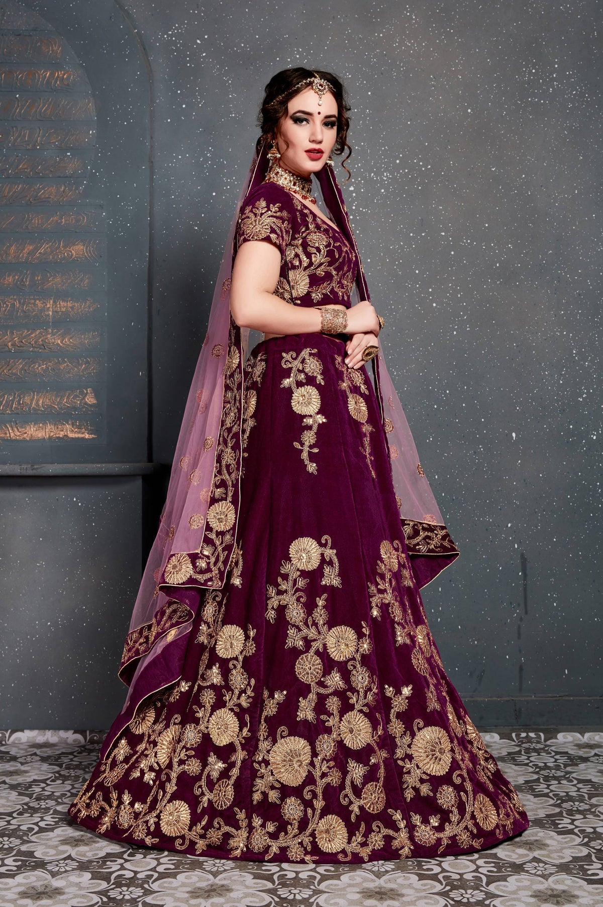 Wine Maroon and Gold Floral Embroidered Bridal Lehenga Choli with Dupatta
