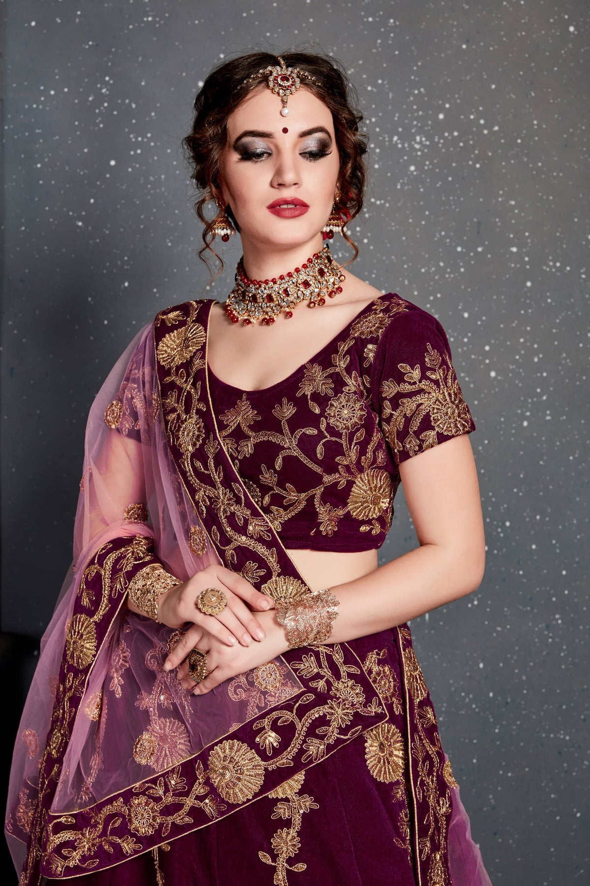 Wine Maroon and Gold Floral Embroidered Bridal Lehenga Choli with Dupatta