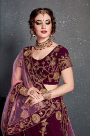 Wine Maroon and Gold Floral Embroidered Bridal Lehenga Choli with Dupatta