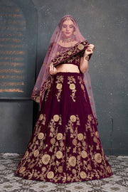 Wine Maroon and Gold Floral Embroidered Bridal Lehenga Choli with Dupatta
