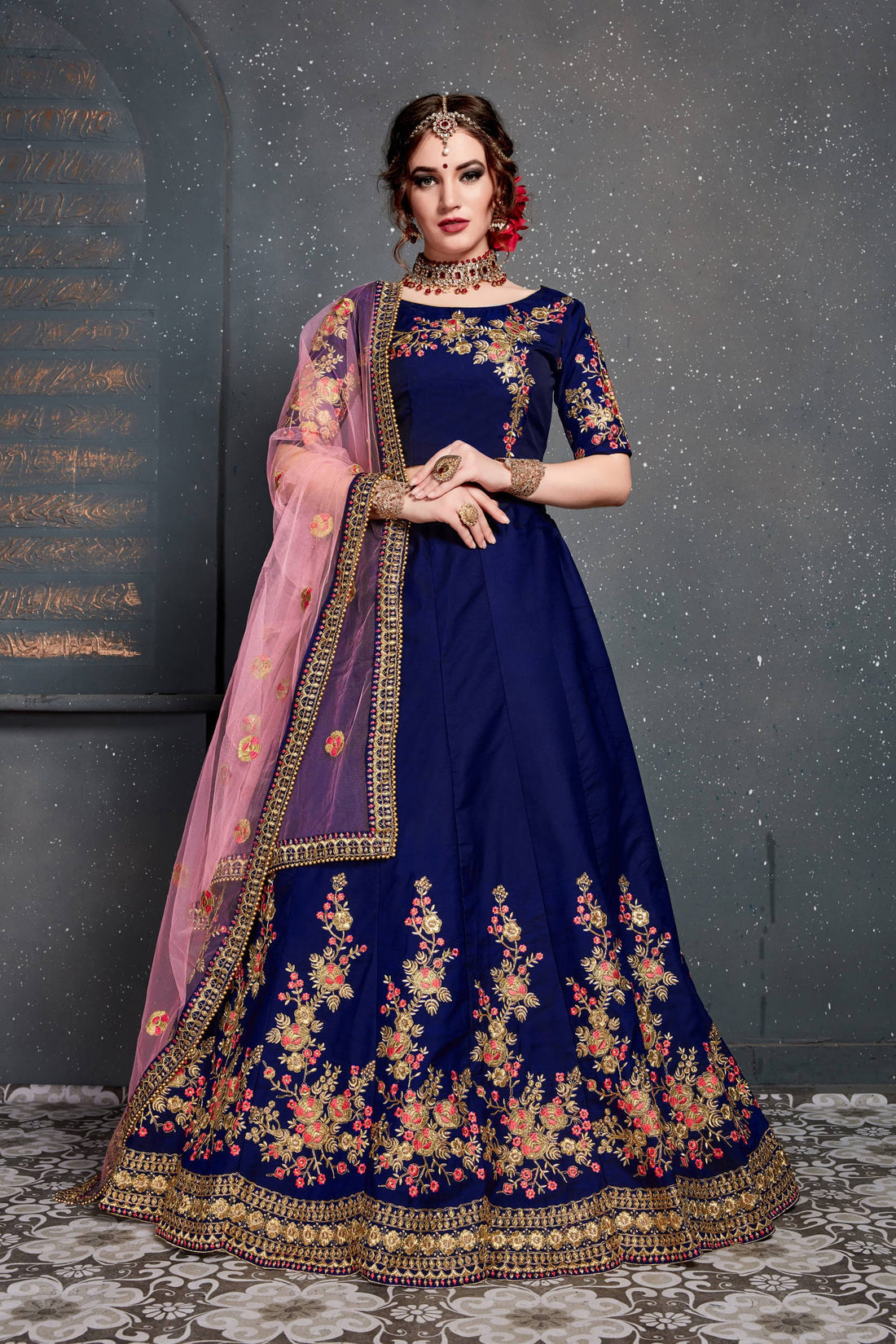 Navy Blue Floral Embroidered Anarkali Suit with Pink Dupatta