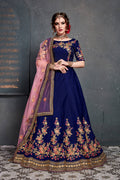 Navy Blue Floral Embroidered Anarkali Suit with Pink Dupatta