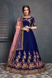 Navy Blue Floral Embroidered Anarkali Suit with Pink Dupatta
