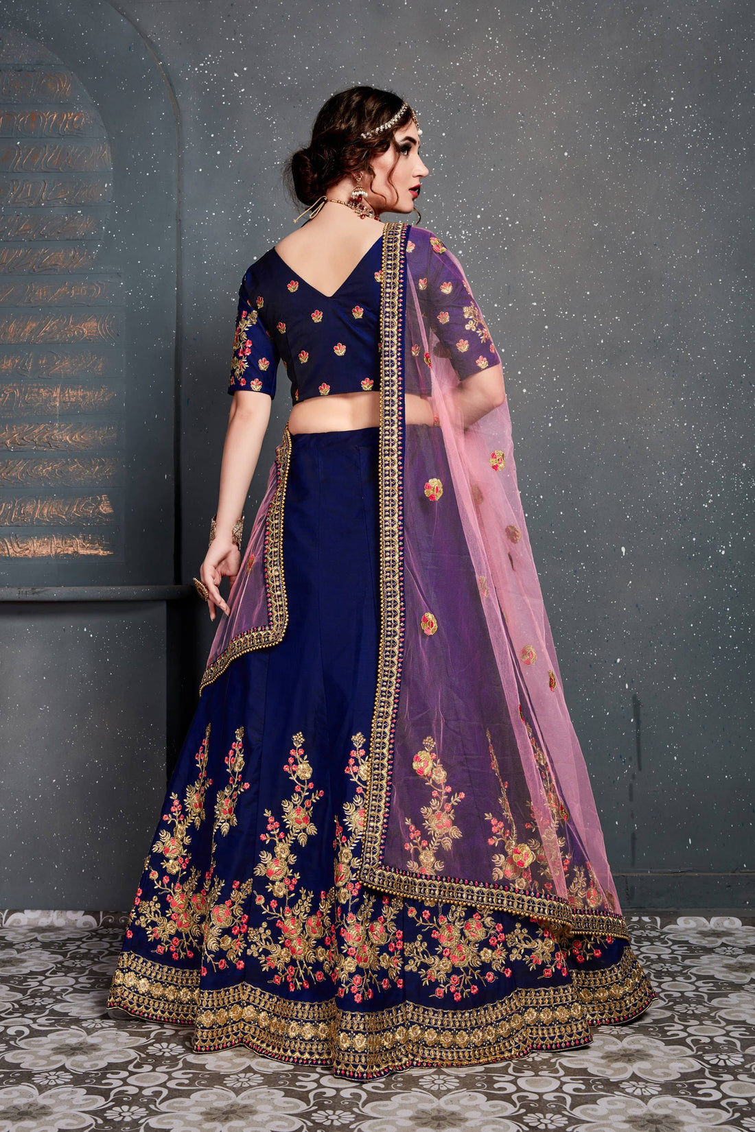 Navy Blue Floral Embroidered Anarkali Suit with Pink Dupatta