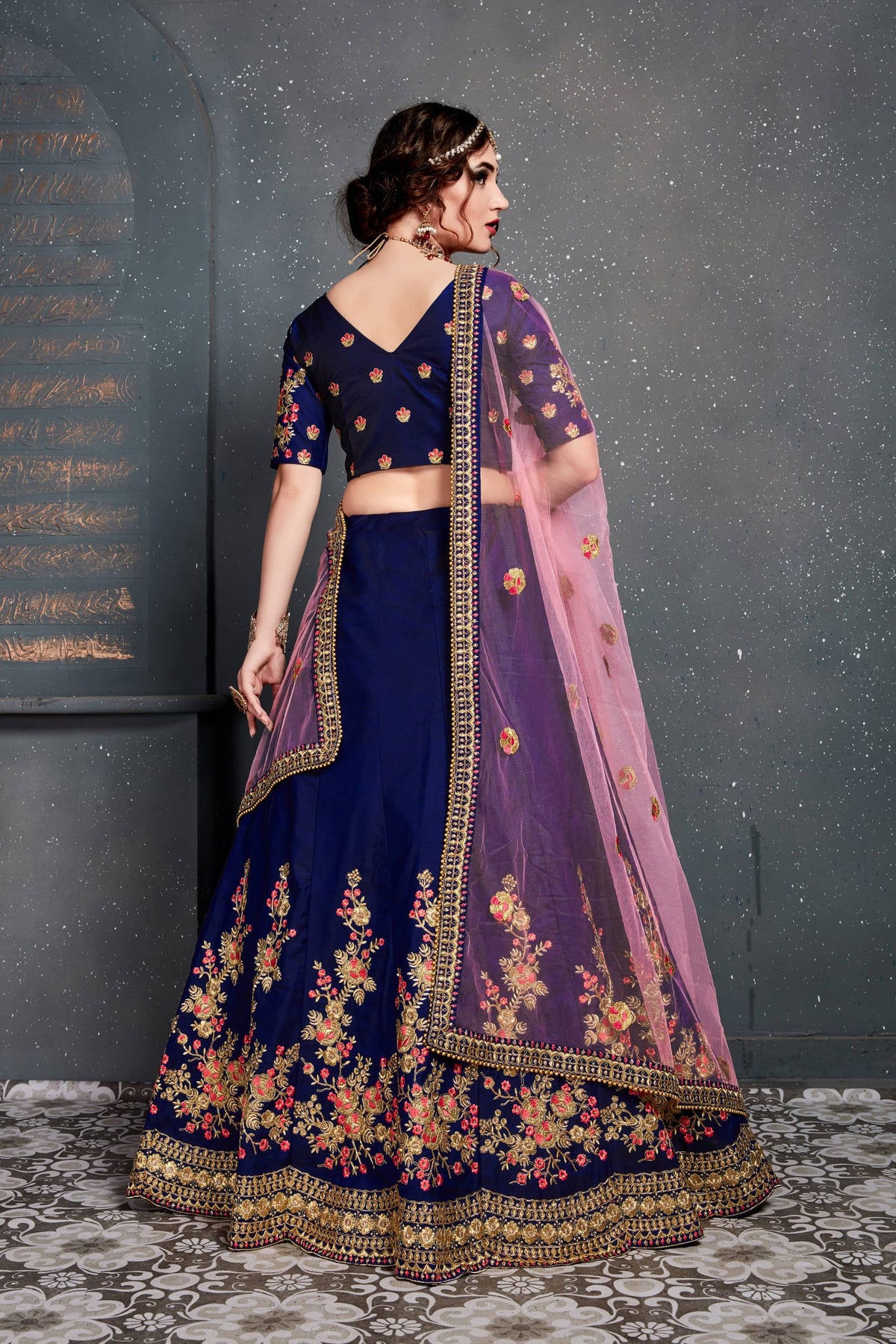 Navy Blue Floral Embroidered Anarkali Suit with Pink Dupatta